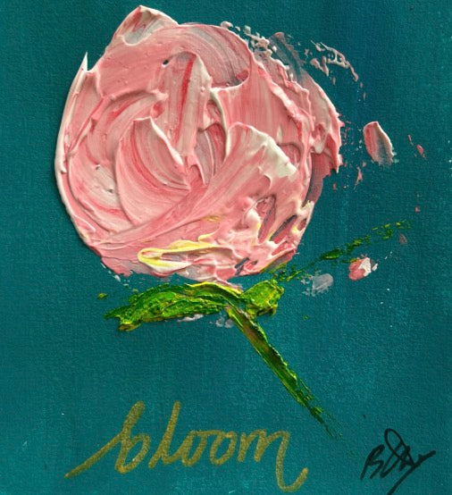 Sample Bloom peony with the word bloom in gold lettering