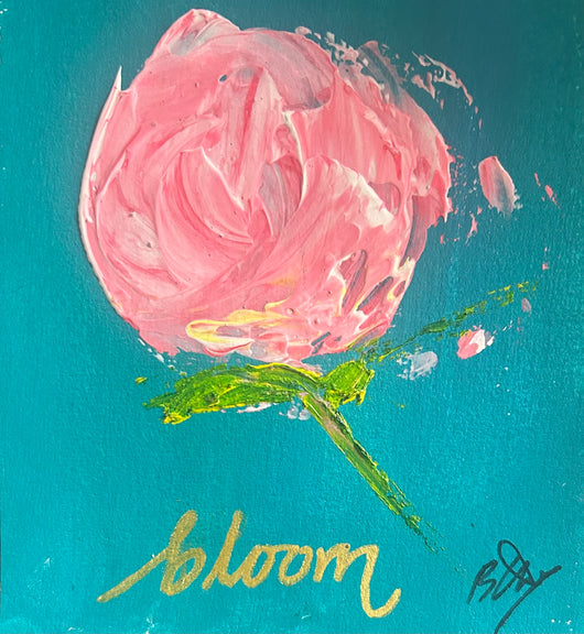Pre-order your Bloom, textured pink peony painting on teal canvas with gold bloom lettering