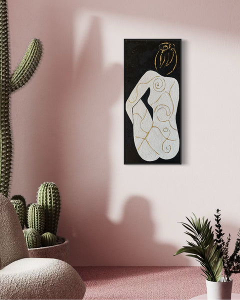 Female Form art work, white porcelain skin with swirling 24ct gold leaf, on chip board. Symbolising the journey made you beautiful.